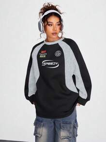 Coolane Letter Graphic Colorblock Raglan Sleeve Grey Sweatshirt - Grey - View 3