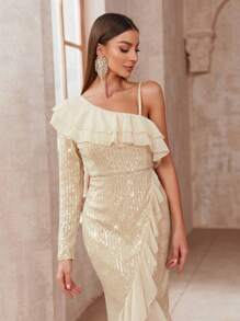 SHEIN Belle Vestido De Cóctel Bordado Con Borde De Volante Y Brillo Para El Verano - Albaricoque - Ver 5