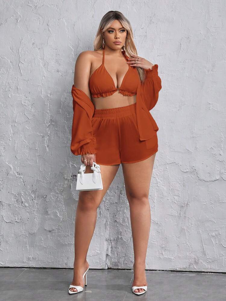 Plus Size Women's Fashionable Top And Shorts Set