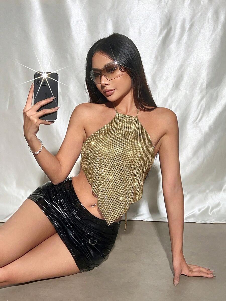 EgrlEra Women's Summer Sleeveless Metal Mesh & Rhinestone Diamond Detail Halter Neck Top Y2K For New Year Holiday Party - Gold - View 1