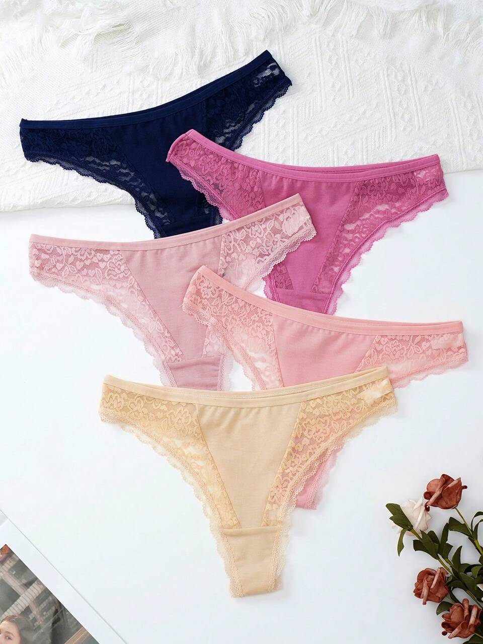 5pcs/Set Women's Plain Lace Patchwork T-Back Panties