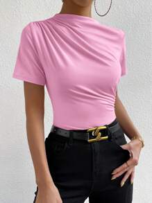 Chiquease Solid Color Slim Fit Short Sleeve T-Shirt With Pleated Detail For Summer Casual Wear - Pink - View 4