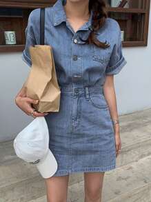 DAZY Summer Casual Button Open Drop Shoulder Denim Top And Denim Skirt - Blue - View 9