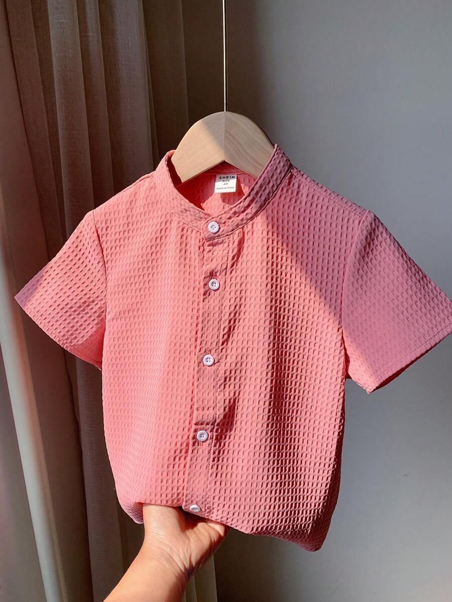 SHEIN 男童韓國風格威化紋理純色立領短袖休閒襯衫 - 粉色 - 查看 1