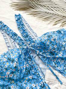 SHEIN WYWH Plus Size Women's Casual & Vacation Style Wide Strap Tank Top With Ruffle Trim And Tie-Dye Print In Blue And Floral Print, Semi-Transparent And Thigh Split Design.