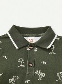 Cozy Pixies Baby Boy Casual Coconut Tree Print Turn-Down Collar Pullover Top And Solid Color Shorts Set - Army Green - View 5