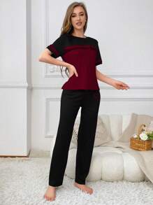 Color Block Slogan Print Casual Short Sleeve T-Shirt And Sleep Shorts Pajama Set