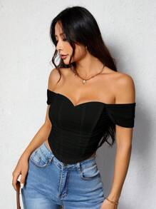 SHEIN PETITE Women's Solid Color Zipper Back Off-Shoulder Top - Black - View 6