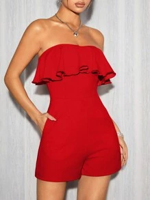 SHEIN PETITE Women's Red Off-The-Shoulder Playsuit With Ruffle Hem - Black - View 3