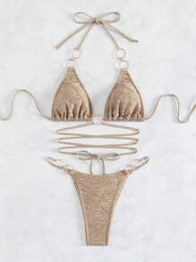 Swim SXY 夏季沙灘露脊頸環細節比基尼套裝,三角褲底部 - 卡其色 - 查看 5