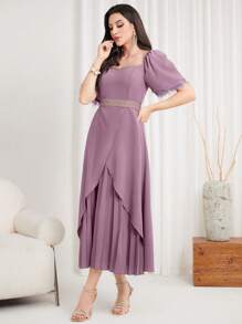 Modelyn Women's Square Neckline Short Puff Sleeve Pleated Dress - Purple - View 3