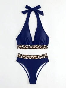 SHEIN Swim 女士豹紋露背比基尼套裝，隨機圖樣，適合度假，夏季沙灘 - 藍色 - 查看 4