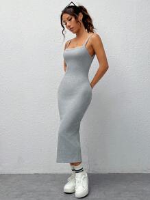 SHEIN EZwear Vestido camisero de color sólido con abertura en la espalda y dobladillo partido