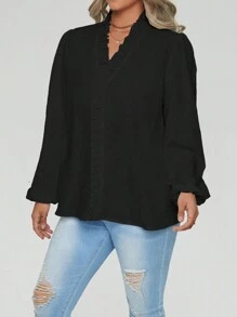 SHEIN Clasi Của phụ nữ Kích thước lớn Màu thuần Trang trí ren Trang trí Áo sơ mi - màu đen - Xem 5