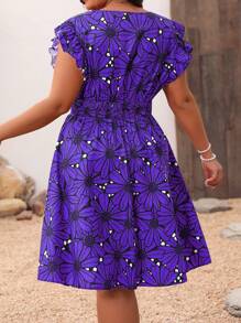 SHEIN Clasi Kích thước lớn Của phụ nữ Hoa In Chồng chéo Cổ chữ V Dây thắt lưng Tay áo mũ Đầm Cho mùa hè - Màu tím - Xem 2