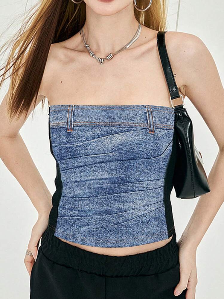 INAWLY Dambandslös sommartopp i denimeffekt - Blå - Visa 4