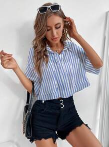 Chiquease Women's Color Block Striped Drop Shoulder Cropped Shirt For Summer - Blue and White - View 4