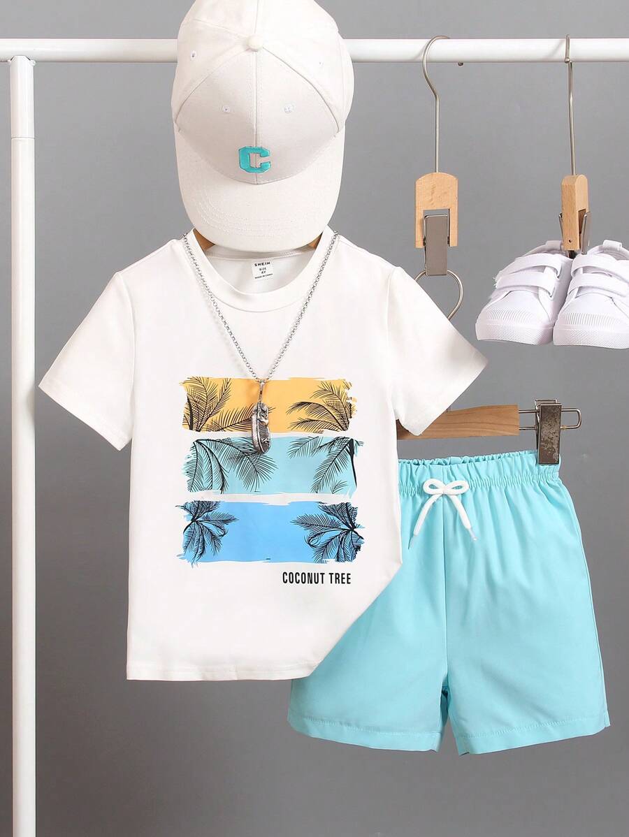 SHEIN 2pcs Young Boy Palm Tree Letter Print Short Sleeve T-Shirt And Shorts Set, For Getaway, Holiday, Travel, Relax, Sunbathing, Summer - White - View 1