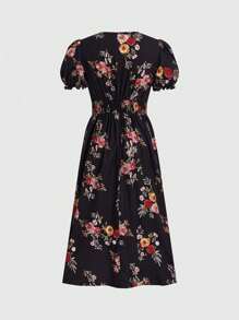 SHEIN Clasi Vestido maxi con escote en V, manga corta abultada y estampado floral para mujer