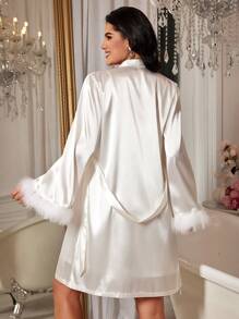 2pcs/Set Plush Bell Sleeve Robe And Cami Dress Sleepwear Pajama Set White Set, Fall Clothes