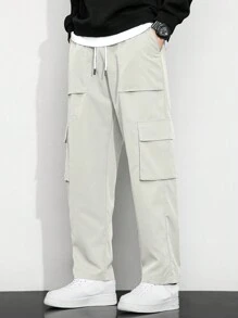 Claim Dot Men's Loose Fit Cargo Pants With Slogan Graphic, Flap Pockets And Side Drawstring Waist, For Fall - Beige - View 3