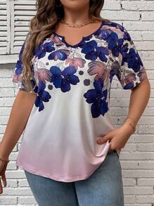 SHEIN LUNE Plus Size V-Neck Short Sleeve Floral Printed T-Shirt With Notched Neckline For Summer - Multicolor - View 3