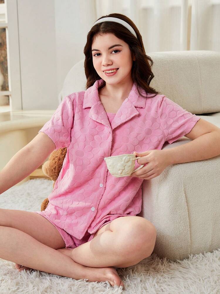 Teen Girl Simple Pink Plain Floral Jacquard Tank Top With Short Sleeves And Shorts 3pcs Summer Homewear Set