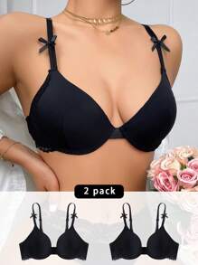 女士蕾絲邊蝴蝶結裝飾胸罩 - 黑色 - 查看 6