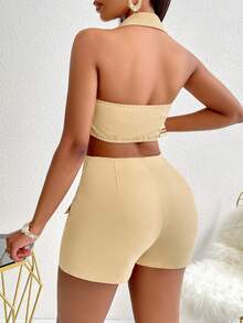 Women'S  Sexy Solid Color Deep V-Neck Zipper Top & Skort Biker Set - Khaki - View 2