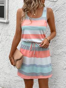 SHEIN LUNE Summer Round Neck Sleeveless Striped Colorful Printed Casual Beach Vacation Tank Dress With Waist Drawstring,Summer Dresses For Women