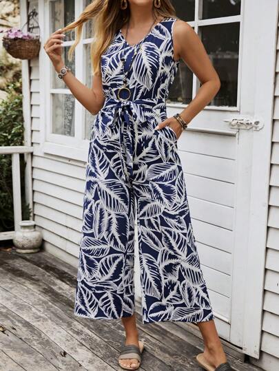 EMERY ROSE Women's Summer Loose Wide-Leg Jumpsuit With Dual-Color Leaf Print