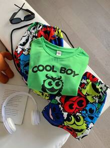 SHEIN 少年3入組/套休閒可愛運動卡通怪獸印花寬鬆圓領短袖t恤、運動短褲和繩口卡通背包,適用於春夏校園、街頭、派對和日常穿著 - 彩色 - 查看 1