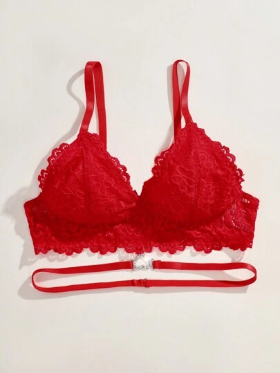 纯色蕾丝和水钻装饰性感细肩带文胸