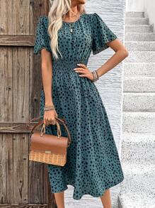 SHEIN LUNE Women Dresses Shirred Geometris All Over Print Casual - Hijau - View 6