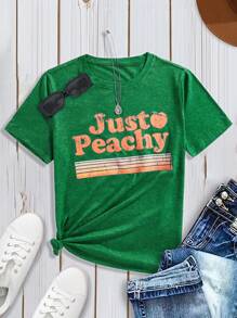 SHEIN LUNE 大码夏季拼色条纹字母印花短袖休闲 T 恤 Just Peachy - 綠色 - 查看 1