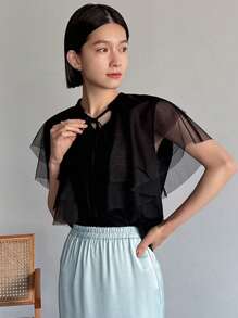 FRIFUL Designer Women Solid Color Mesh Design Short Sleeve Shirt With Artistic Patchwork - Black - View 3