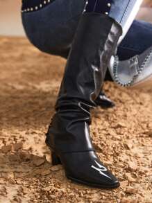 Styleloop Women's Chunky Heel Ruched Boots, Fashionable Black Boots - Black - View 7