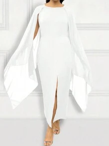 SHEIN Clasi Plus Size Solid Color Cape Sleeve Split Hem Dress Maxi Women Outfit - White - View 4