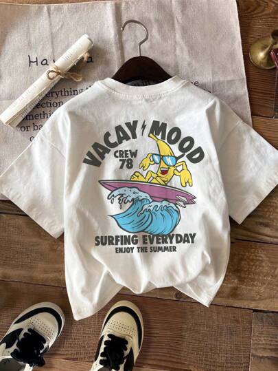 SHEIN Tween Boy Casual Cartoon Surfing Graphic Round Neck Short Sleeve T-Shirt, Suitable For Summer