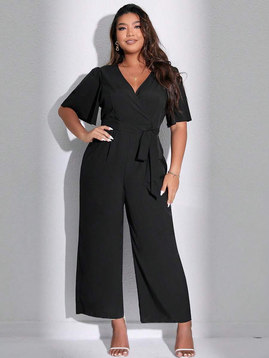 SHEIN Unity Plus Size Summer Casual V-Neck Strappy Wide Leg Jumpsuit - Black - View 1