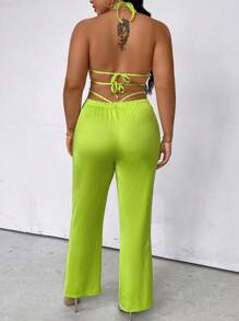 Maweii Plus Size Halter Neck Solid Color Sleeveless Jumpsuit With Backless Design - Green - View 3