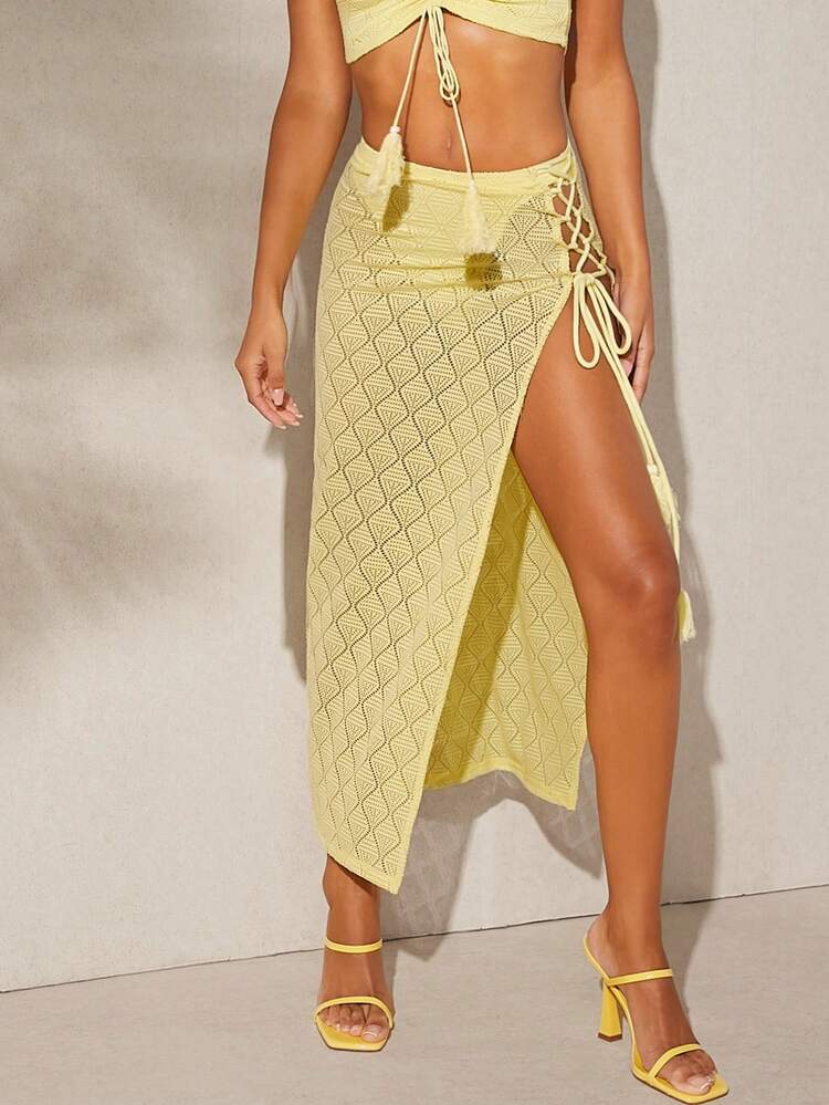 Tassel Tie Side Split Textured Skirt