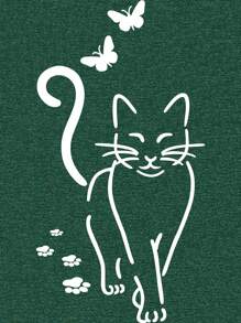 SHEIN LUNE 大尺碼貓咪和蝴蝶印花短袖v領t卹,適合夏季休閒 - 綠色 - 查看 6