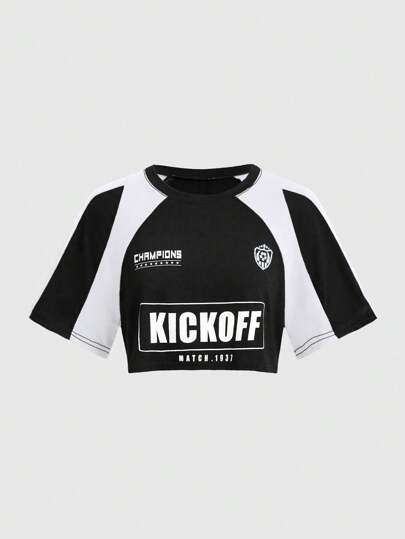 Street Life Lässiges, sexy, weites Crop T-Shirt mit Fußballstar- und Buchstaben-Muster, für die Schule