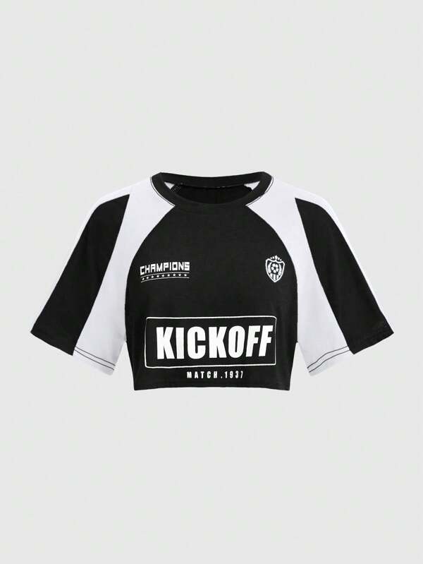 ROMWE Street Life Tricou decupat, lejer, sexy, stea de fotbal și imprimeu cu litere, școală