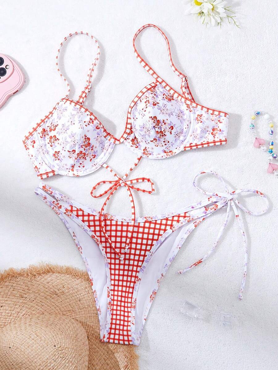 SHEIN Swim Summer Sweet Floral & Plaid Bikini Set - Multicolor - View 1