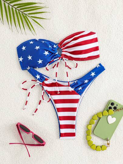 Swim Vcay Summer Beach Women's USA Flag Printed Bikini Set With Strapless Bra & Drawstring Waist Bikini Bottom 4th Of July Bikini Set For Summer Beach
