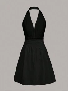 SHEIN EZwear Màu thuần Halter Neck A-line Váy không tay - màu đen - Xem 2