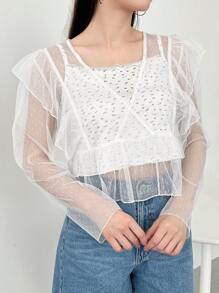 FRIFUL 女款v領荷葉邊透視時尚上衣,適合多種穿搭風格 - 白色 - 查看 4