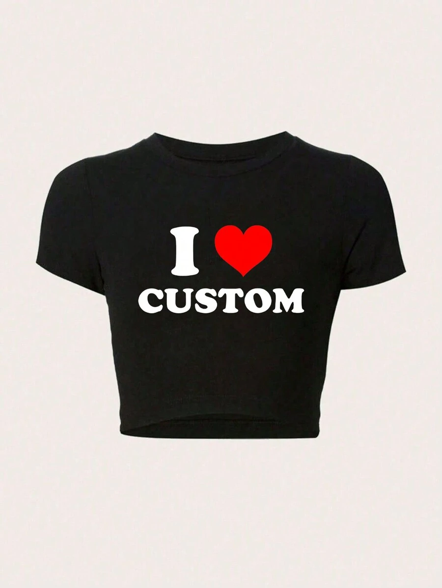 SHEIN EZwear Camiseta Con Patrón De Corazón Y Letras Impresas De Manga Corta Con Cuello Redondo Para Llevar Casual En Verano - Negro - Ver 1